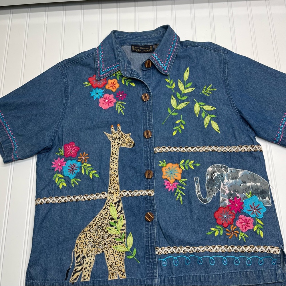 Vintage 90s New Directions Safari Embroidered Denim Jean Short Sleeve Top